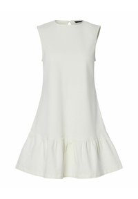 Balta bez piedurknēm kleita ar apaļu dekoltē un izplestu, volānu apakšdaļu. Izgatavota no mīksta materiāla ar gludu tekstūru.