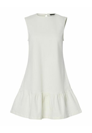 Bela brezrokavna obleka s krožnim izrezom in razširjenim, nabranim robom. Narejena iz mehkega blaga z gladko teksturo.