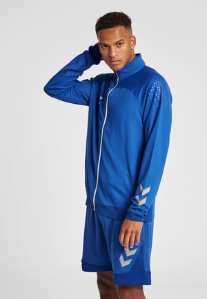 Sæt til herre sportsbeklædning i blå, der inkluderer en zip-up jakke med strukturerede ærmer og shorts. Bemærkelsesværdige sølvakcenter på ærmerne og shortsene.