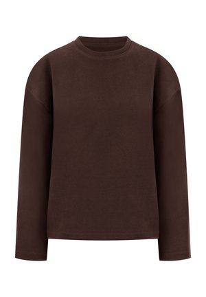 Donkerbruine, lange mouwen, crewneck sweatshirt met een relaxte pasvorm en geen zichtbare logo's of patronen op een witte achtergrond.