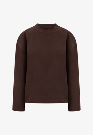 Donkerbruine, lange mouwen, crewneck sweatshirt met een relaxte pasvorm en geen zichtbare logo's of patronen op een witte achtergrond.
