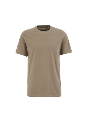 Beige t-paita lyhyillä hihoilla, jossa on pyöreä pääntie. Paita on sileä ja klassinen malli ilman printtejä tai koristeita.