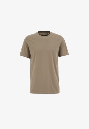 Barna, rövid ujjú pamut póló kerek nyakkivágással, sima textúrával és klasszikus fazonnal. Nyomatok vagy díszítések nélkül.