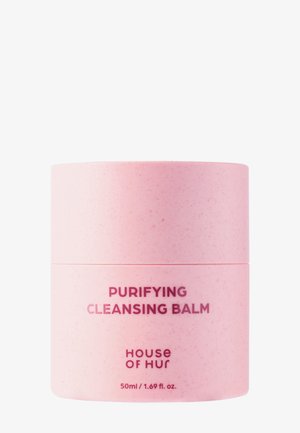 Contenant cylindrique rose étiqueté "Purifying Cleansing Balm" par House of Hur, 50 ml, sur fond blanc.