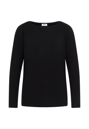 Camisa de punto manga larga negra con cuello redondo, dobladillo recto y etiqueta que dice "CECIL" en el cuello, en el interior del cuello.