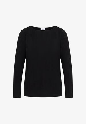 Schwarzes langärmeliges Rippstrickshirt mit Rundhalsausschnitt, geradem Saum und Etikett mit der Aufschrift "CECIL" im Kragen.