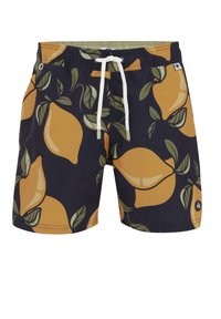 Schwimmshorts mit einem marineblauen Hintergrund, die große gelbe Zitronen und grüne Blätter zeigen. Mit Kordelzug am Bund und einem Logo-Patch an der Seite.