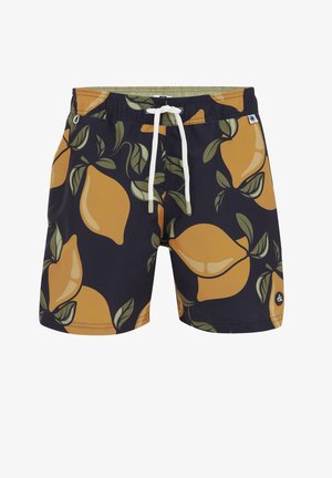 Mėlynos maudymosi šortai, su dideliais geltonais citrinų ir žalių lapų raštais. Su raišteliu prie juosmens ir logotipą turinčia etiketė šone.