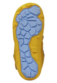 Gummisohle mit gelbem Grund und strukturiertem blauen Profil. Verfügt über ein geformtes Design mit verschiedenen Formen für Griffigkeit und Unterstützung.