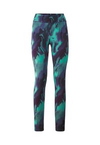 Hoog uitgesneden leggings met een zwirrelpatroon in teal, donkergroen en paars, gemaakt van elastische stof, met een gladde textuur en een figuurvormend ontwerp.