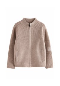 Beżowy sweter z zamkiem błyskawicznym, z prążkowaną teksturą, wysokim kołnierzem, dwiema bocznymi kieszeniami oraz naszywką z tkaniny na rękawie.