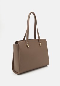 Brown synthetic tote bag with gold hardware, rectangular shape, two shoulder straps, smooth texture, and a structured design.
