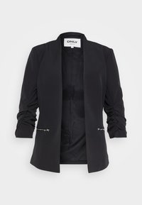 Černé sako s přizpůsobeným střihem, otevřeným předním dílem, nařasenými rukávy a stříbrnými zipy na předních kapsách. Hladká textura látky.