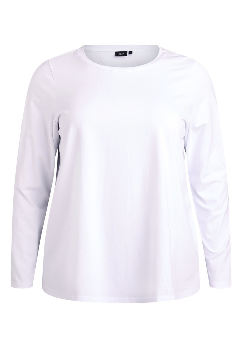 Baltos ilgomis rankovėmis marškiniai, pagaminti iš lygios medvilnės audinio. Turi apvalų iškirpimą ir laisvą siluetą, be matomų raštų ar akcentų.