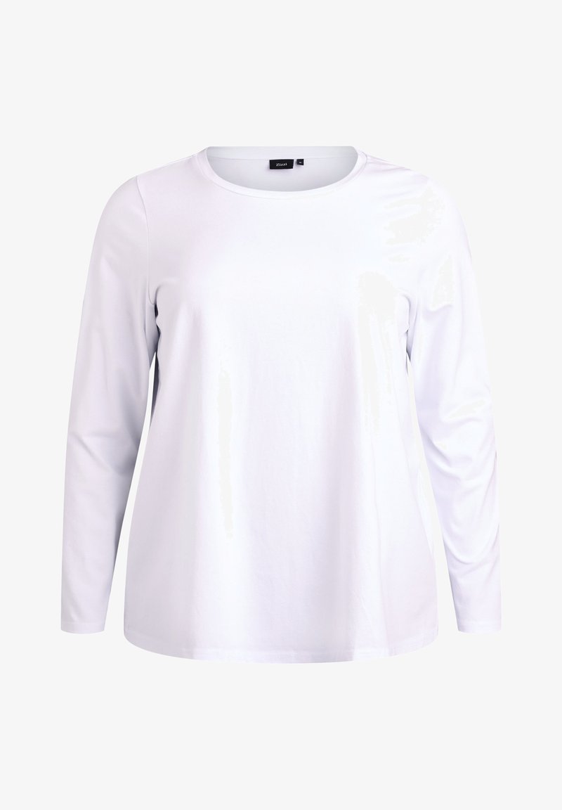 Baltos ilgomis rankovėmis marškiniai, pagaminti iš lygios medvilnės audinio. Turi apvalų iškirpimą ir laisvą siluetą, be matomų raštų ar akcentų.