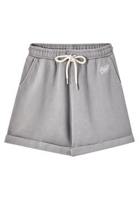 Pantaloni corti in cotone grigio con vita elastica e cordoncino, tasche laterali e orlo ripiegato. Presentano dettagli del logo bianco sul davanti.
