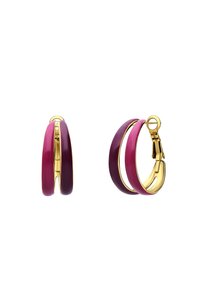 Gouden oorhangers met een dubbele paarse en roze harsontwerp, met een gladde afwerking en klipsluiting.