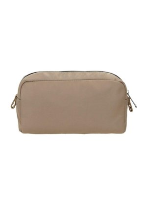 Bolsa rectangular beige con cremallera, bordes redondeados, un pequeño lazo de tela en cada lado y un tirador de cremallera de metal.