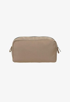 Bolsa rectangular beige con cremallera, bordes redondeados, un pequeño lazo de tela en cada lado y un tirador de cremallera de metal.