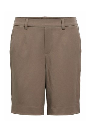 Short marron sur mesure à hauteur du genou avec passants de ceinture et poches latérales, fermeture éclair à l'avant et ourlet droit.