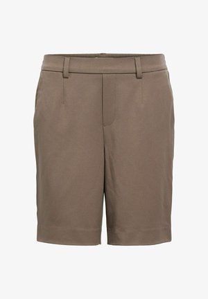 Brune skreddersydde knelengde shorts med beltestropper og sidelommer, frontglidelås og rett kant.
