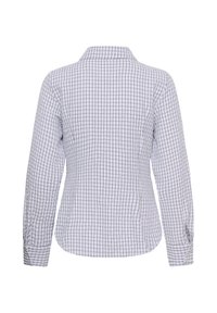 Chemise blanche à manches longues avec motif quadrillé noir, poignets boutonnés et col, vue de dos sur fond blanc.