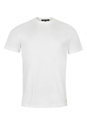 T-shirt bianco in cotone con scollatura a girocollo, maniche corte e una texture liscia. Presenta un piccolo etichetta sul bordo inferiore sinistro.