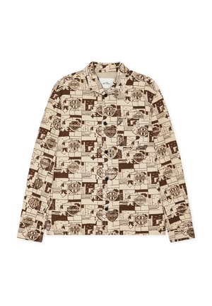 Chemise beige à boutons avec manches longues présentant un motif abstrait géométrique et textuel marron.
