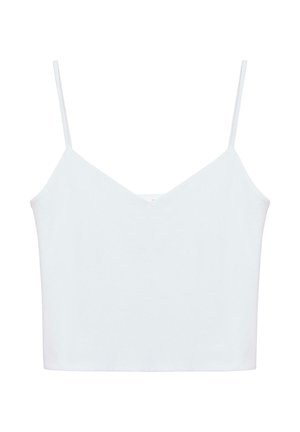 Caraco court blanc à fines bretelles spaghetti et léger décolleté en V sur fond blanc.