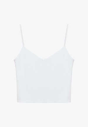 Weißes kurzes Camisole mit dünnen Spaghettiträgern und leichtem V-Ausschnitt auf weißem Hintergrund.