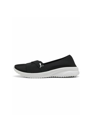 Black slip-on shoes with a textured upper, featuring diagonal elastic straps and a white rubber sole with traction patterns.