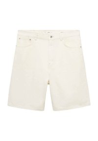Vita denimshorts med rak skärning, fem fickor och metallbeslag. Har kontrasterande sömmar och en slät textur.
