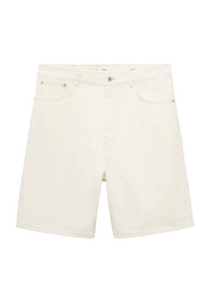 White denim shorts with a straight cut, five pockets, and metal hardware. Features contrast stitching and a smooth texture.