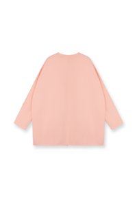 Suéter de manga larga, holgado, en suave tejido de color rosa con escote redondo y dobladillo recto. Presenta una costura central en la parte posterior y un diseño minimalista.