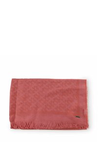 Roze wollen sjaal van een wolmix met een gestructureerd patroon, franjes aan de randen en een klein merklabel in de hoek. Zachte, lichte uitvoering.