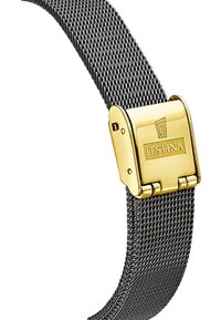 Tamsiai pilkas Milano tinklinis laikrodžio dirželis su auksinės spalvos sagtimi ir logotipu. Dirželis yra smulkiai tekstūruotas ir reguliuojamas patogumui.