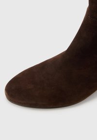 Brown suede ankle boot with a rounded toe and smooth texture, featuring a simple design and no visible hardware or accents.
