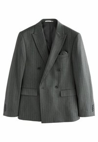 Grau gestreifter, doppelt geknöpfter Blazer aus Wolle, mit schmalen Revers, zwei Fronttaschen und einem Taschentuch in der Brusttasche.