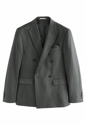 Dubbelknäppt grått randigt blazer i ull, med snedskurna slag, två framfickor och en näsduk i bröstfickan.