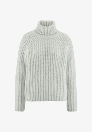 Hellgrauer, dick gerippter Strickpullover mit Rollkragen, langen Ärmeln und einer leicht verkürzten Passform.