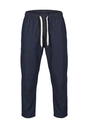 Pantaloni casual blu navy con vita elastica e coulisse bianca, gamba dritta, vestibilità rilassata.
