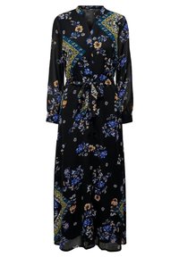 Robe noire à manches longues en tissu léger, ornée de motifs floraux colorés, avec une taille à nouer et un accent à motif sur un côté.