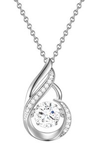 Silberner Anhänger mit einem spiralförmigen Design, ausgestattet mit einem runden zentralen Diamanten und kleineren Diamanten in einem gebogenen Band. Glatte, polierte Oberfläche.