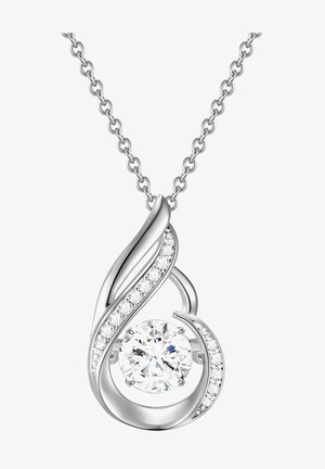 Srebrny wisior z wirującym wzorem, z okrągłym centralnym diamentem i mniejszymi diamentami osadzonymi w zakrzywionej oprawie. Gładkie, polerowane wykończenie.