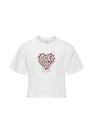 T-shirt blanc court avec un motif de cœur composé de cœurs rouges et noirs. Texte « L'amour ne faillit jamais » imprimé sous le cœur à l'avant.