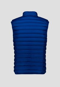 Chaleco acolchado sin mangas en azul sólido con acolchado horizontal y cuello alto, mostrado desde atrás sobre un fondo neutro.