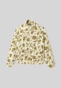 Pull en polaire crème avec un motif floral vert et violet, avec un col à demi-boutons et des poignets et un ourlet élastiques. Tissu doux et texturé.