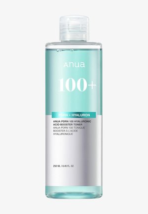 Flacon en plastique transparent d’Anua PDRN 100 Hyaluronic Acid Booster Toner, 250 ml, avec étiquette vert-bleu et blanche et bouchon transparent.