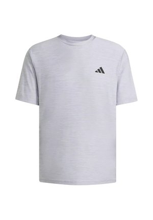 T-shirt sportiva grigio chiaro a maniche corte con scollo tondo e piccolo logo nero Adidas sul petto a sinistra.