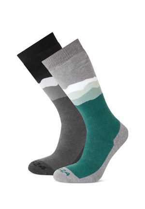 Two pairs of socks. One is black with a ribbed cuff. The other features a gradient of teal, gray, and white with a reinforced heel and toe.